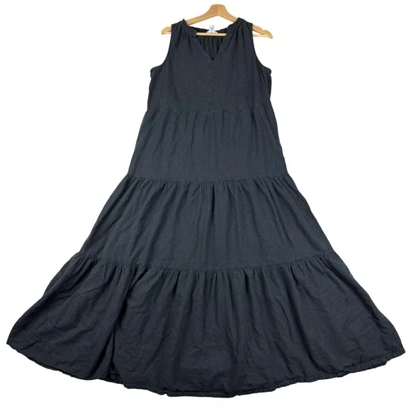 Tommy Bahama Maxi Dress Womens M Black Linen Blend Sundress Tiered Sleeveless - Picture 1 of 12